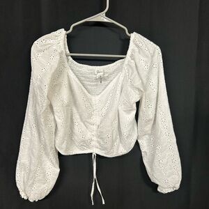 Chic White Eyelet Blouse with Drawstring
